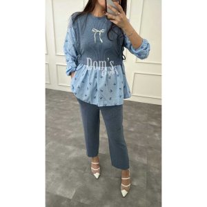 Domscorner - Jin su set - ribbon series - pita - celana pensil - peplum long sleeve blouse - kemeja tangan panjang - lengan puff