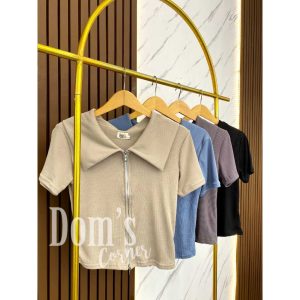 Domscorner  (PO PRE ORDER) Kyujung - short sleeve - knit blouse - outer - zipper blouse - atasan rajut - blouse rajut - baju wanita kekinian - atasan knit