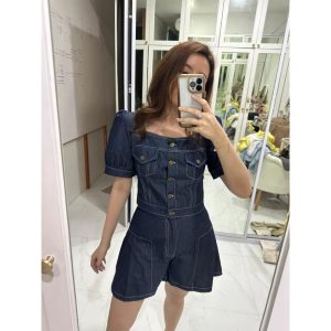 Domscorner - Margout Set - denim - celana pendek flare - crop top - buttoned berkancing - HW pants